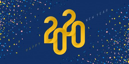 Happy new 2020 year. Ribbon gold text with paper confetti on blue background. Minimalistic template....