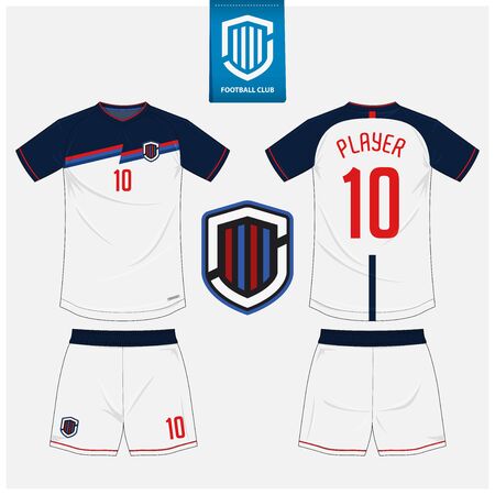 Soccer jersey or football kit mockup template design for sport club. Football t-shirt sport, shorts mock up. Soccer uniform in front view, back view . Football  in flat design. Vector Illustration.のイラスト素材