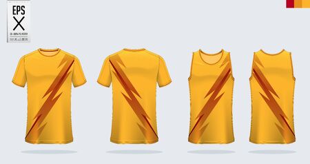 T-shirt mockup, sport shirt template design for soccer jersey, football kit. Tank top for basketball jersey and running singlet. Sport uniform in front view and back view.  Mock up Vector Illustration.のイラスト素材
