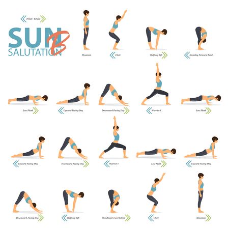 Infographic of 6 Yoga poses for Yoga at home in concept of Yoga Sun Salutation B in flat design. Woman exercising for body stretching. Set of yoga posture or asana infographic. Yoga Vector Flat Cartoon Illustration.のイラスト素材