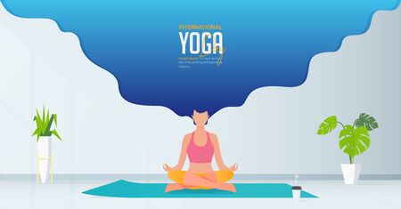 Stay at home and do yoga at home concept banner. Woman sitting at home, room and practicing yoga. Working from home with self quarantine. Living room interior with sun light from window on wall. Banner Vector Illustration.のイラスト素材