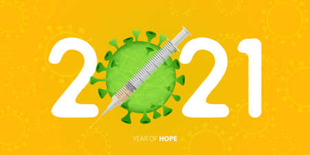 Happy New Year 2021 banner with Covid-19 Vaccine and Virus. Year of hope. Banner design template for New Year 2021 decoration in Covid-19 Vaccine Concept. Vector illustration.のイラスト素材