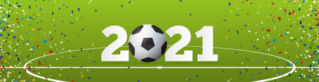 Happy New Year 2021 banner with soccer ball and paper confetti on soccer field background. Banner template design for New Year decoration in Soccer or Football Concept. Vector illustration.のイラスト素材