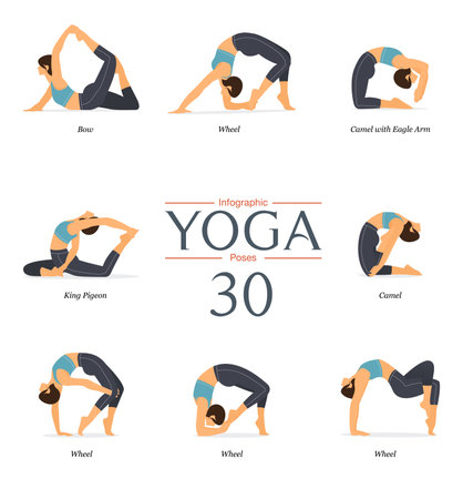 Set of 8 yoga poses or asana posture in flat design. Beauty woman in blue sportswear and black yoga pants is doing exercise for body stretching . Yoga infographics vector illustration.のイラスト素材