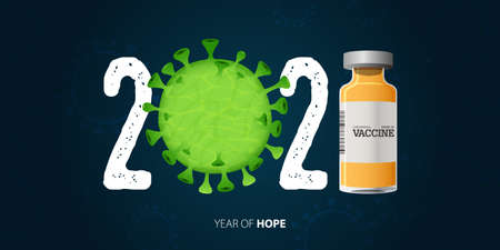 Coronavirus or Covid-19 banner with Covid-19 Vaccine and Virus. Year of hope. Banner design template for New Year 2021 decoration in Covid-19 Vaccine Concept. Vector illustration.のイラスト素材