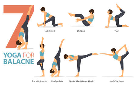 7 Yoga poses or asana posture for workout in yoga for balance concept. Women exercising for body stretching. Fitness infographic. Flat cartoon vectorのイラスト素材