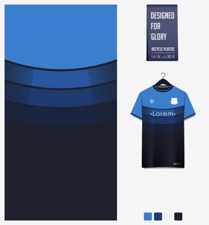 Soccer jersey pattern design. Geometric pattern on blue abstract background for soccer kit, football kit or sports uniform. T-shirt mockup template. Fabric pattern. Sport background.のイラスト素材