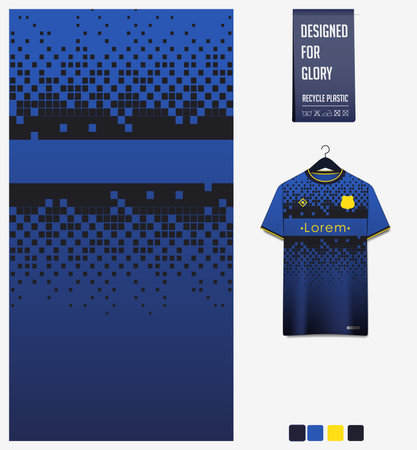 Soccer jersey pattern design. Geometric pattern on blue background for soccer kit, football kit or sports uniform. T-shirt mockup template. Fabric pattern. Abstract background.のイラスト素材