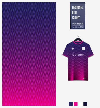 Soccer jersey pattern design. Geometric pattern on violet background for soccer kit, football kit or sports uniform. T-shirt mockup template. Fabric pattern. Abstract background.のイラスト素材