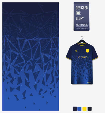 Soccer jersey pattern design. Geometric pattern on blue background for soccer kit, football kit or sports uniform. T-shirt mockup template. Fabric pattern. Abstract background.のイラスト素材