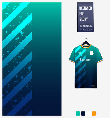 Soccer jersey pattern design. Geometric pattern on green background for soccer kit, football kit or sports uniform. T-shirt mockup template. Fabric pattern. Abstract background.のイラスト素材