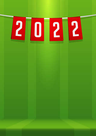 Happy New Year 2022 banner with red bunting banner flag on soccer field background. Banner template design for New Year decoration in Soccer, Football, sport Concept. Vector illustration.のイラスト素材