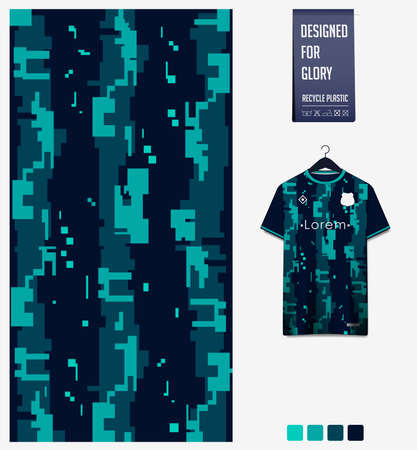 Soccer jersey pattern design. Pixel pattern on green background for soccer kit, football kit or sports uniform. T-shirt mockup template. Fabric pattern. Abstract background.のイラスト素材