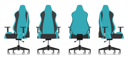 Gaming chair or office chair from various points of view. Ergonomic chair in front view, rear view, side view. Furniture icon for Interior design in flat design.のイラスト素材