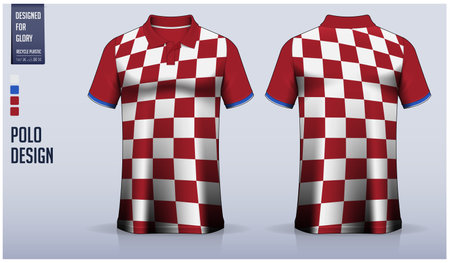 Red polo shirt mockup template design for soccer jersey, football kit, golf, tennis, sportswear. Checkered pattern design. Sport uniform in front view, back view. Vector.のイラスト素材