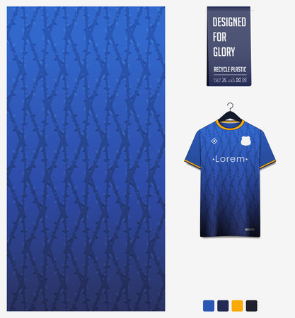 Soccer jersey pattern design. triangle pattern on blue background for soccer kit, football kit, sports uniform. T shirt mockup template. Fabric pattern. Abstract background.のイラスト素材
