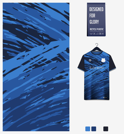 Soccer jersey pattern design. Brushstroke pattern on blue background for soccer kit, football kit, sports uniform. T shirt mockup template. Fabric pattern. Abstract background.のイラスト素材