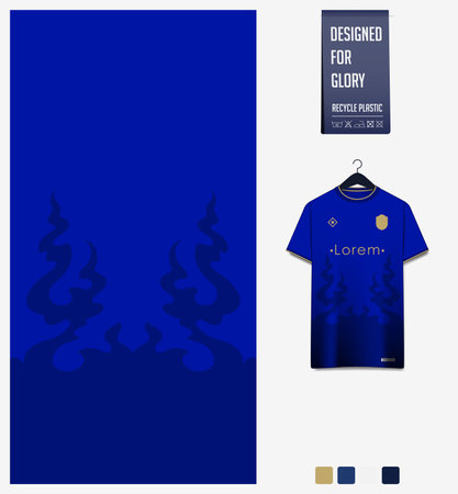 Soccer jersey pattern design. Fire pattern on blue background for soccer kit, football kit, sports uniform. T shirt mockup template. Fabric pattern. Abstract background.のイラスト素材