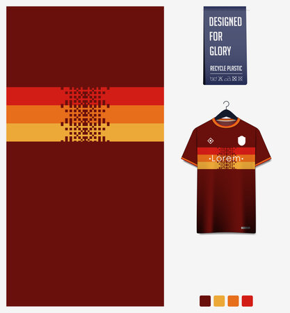 Soccer jersey pattern design. Abstract pattern on red background for soccer kit, football kit, sports uniform. T shirt mockup template. Fabric pattern. Abstract background.のイラスト素材