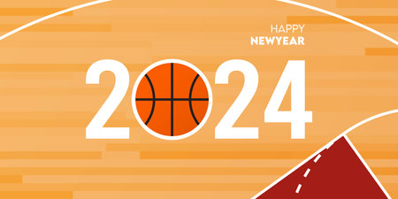 Creative 2024 happy new year celebration greeting card and social media post or banner design template in basketball or sport concept. Vector Illustration.のイラスト素材