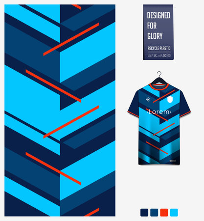 Soccer jersey pattern design. Chevron pattern on blue background for soccer kit, football kit, sports uniform. T shirt mockup template. Fabric pattern. Abstract background.のイラスト素材