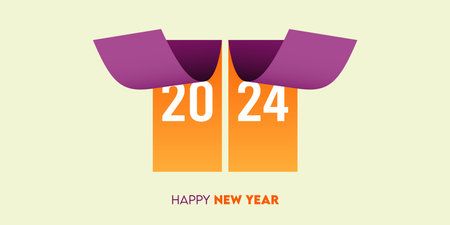 Creative 2024 happy new year celebration greeting card and social media post or banner design template in page peel style. Vector Illustration.のイラスト素材