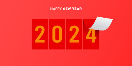Creative 2024 happy new year celebration greeting card and banner design template in page peel...