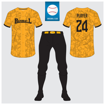 Baseball uniform or baseball jersey mock up. Sportswear, t-shirt sport, short, sock template. Front and back view baseball kit. Flat baseball logo on blue label.のイラスト素材
