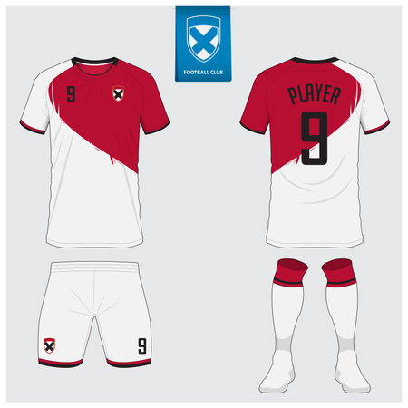 Soccer jersey or football kit mockup design for football club. Football shirt, short, sock template. Soccer uniform in front view, back view. Football logo in flat design.のイラスト素材