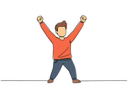 continuous line drawing of young man raising his hands up. Vector illustrationの素材