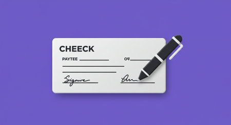 Highly rendering of a check with a pen on a purple backgroundの素材