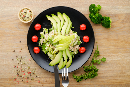 Salad served on a black serviceの写真素材