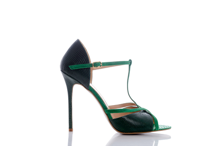 beautiful green sandals with print and weavingの写真素材