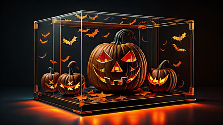 Halloween pumpkin in a glass box on a dark background. 3d renderingの素材