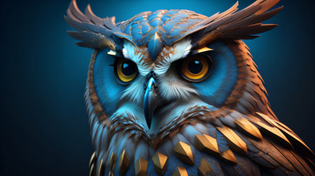 Owl with big eyes. 3D illustration. Blue background.の素材