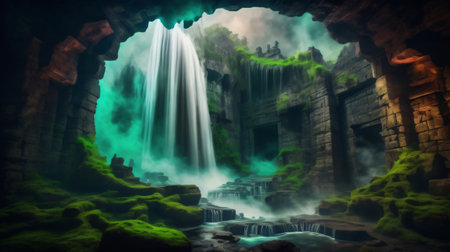3d rendering of a fantasy landscape with a waterfall in a caveの素材