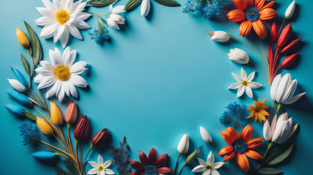 Flowers composition. Frame made of flowers on blue background. Flat lay, top view, copy spaceの素材