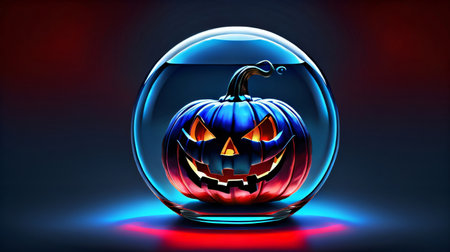 Halloween pumpkin in glass ball on dark background. 3d illustrationの素材