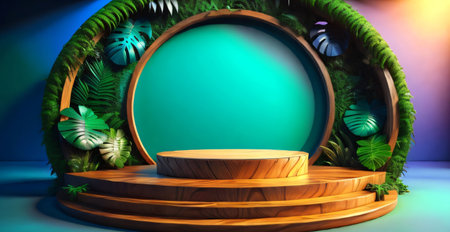 3d rendering of round podium with tropical leaves on blue background.の素材