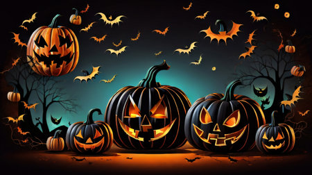 Halloween background with pumpkins, bats and spiders. Vector illustration.の素材