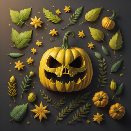 Halloween pumpkin with leaves and flowers on dark background. Vector illustration.の素材