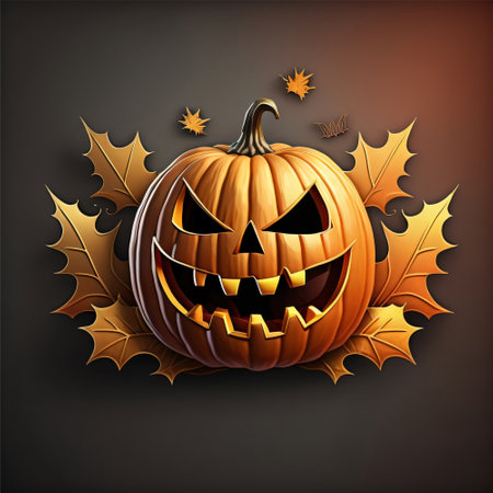 Halloween pumpkin with autumn leaves on dark background. Vector illustration.の素材