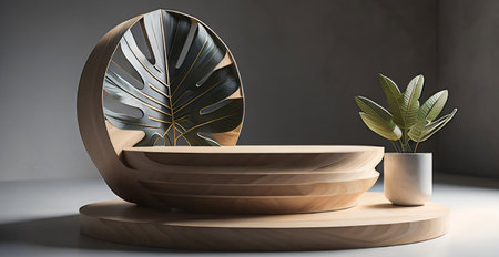 Wooden podium with monstera leaves. 3d render illustration.の素材