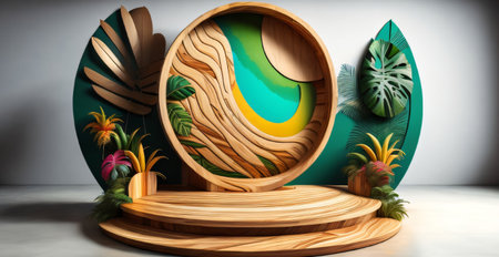 Wooden podium with palm leaves and tropical plants. 3D renderingの素材
