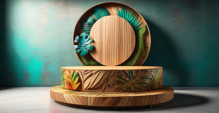 Wooden podium with tropical leaves on blue background. 3D renderingの素材