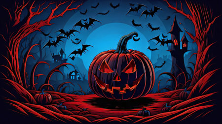 Halloween background with pumpkins and bats. Vector illustration for your designの素材