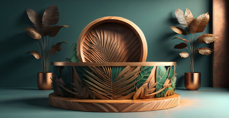 Wooden podium with tropical leaves and plants, 3d render illustrationの素材