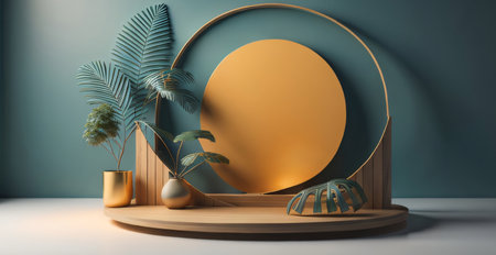 Minimalist composition with round podium and palm leaf. Mock up, 3D Renderingの素材