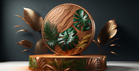 Wooden podium with monstera leaves. 3d rendering, 3d illustration.の素材