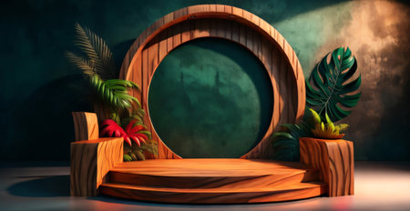 Wooden podium with palm leaves on dark background. 3D renderingの素材